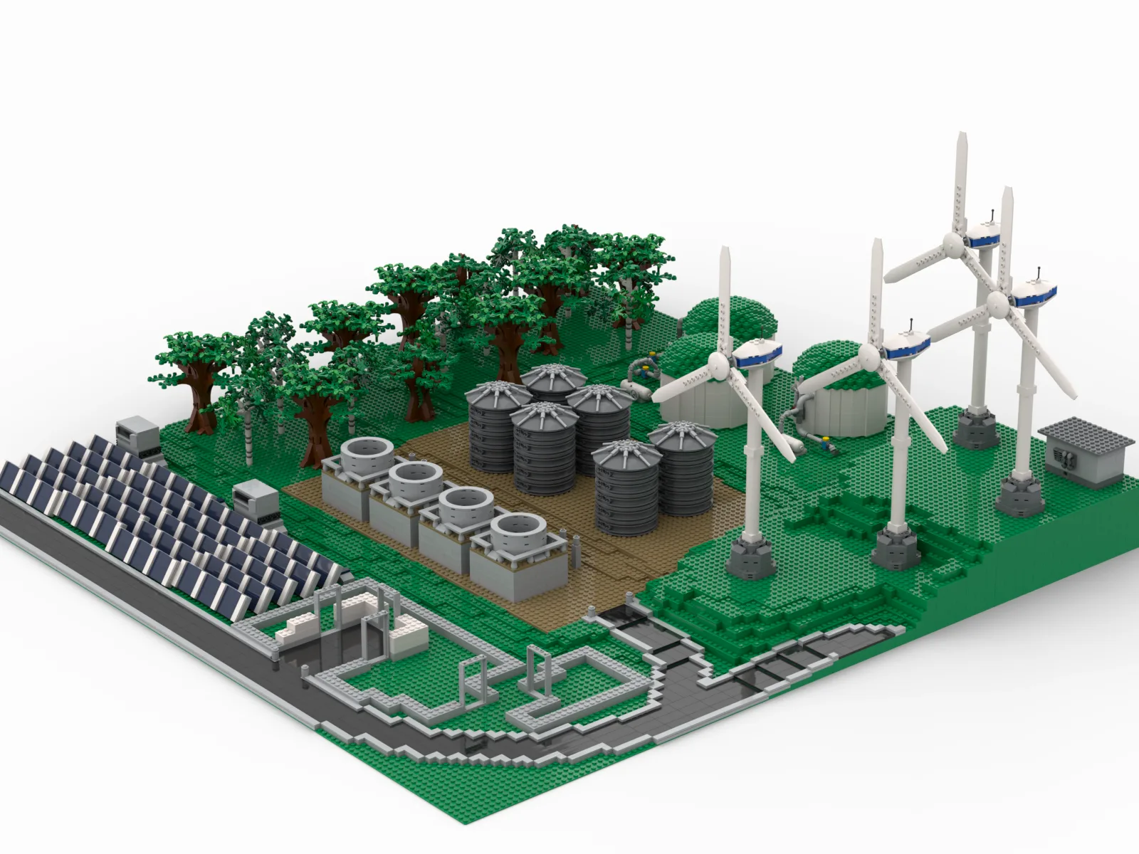 Brick model of a renewable-energy site: solar panels, wind turbines and storage tanks