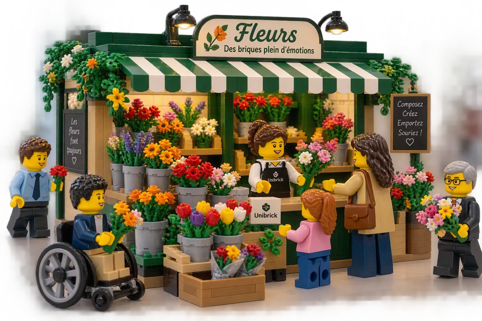Le stand du fleuriste en briques : l'étal fleuri sous son auvent vert, et des visiteurs qui composent leur bouquet